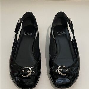 Stuart Weitzman Black Patent Leather Slingback Peep-Toe Flats with Silver Buckle